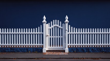 A stylish white PVC gate stands prominently against a dark blue wall, providing an inviting entrance to a clean, well-maintained area