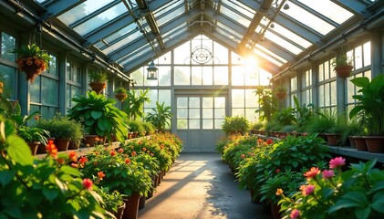 Sunlit Greenhouse Lush Plants and Vibrant Flowers Bask in Tranquil Horticultural Serenity