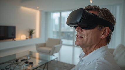A man wearing a VR headset in a modern room, cyber,suit,play