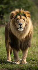 Fototapeta premium Majestic African Lion with a Crown of Leaves