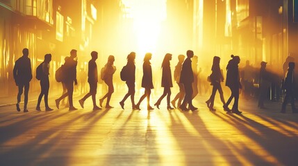 Silhouettes of people walking in a sunlit urban space