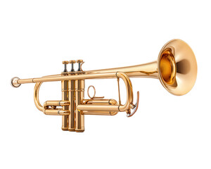 Obraz premium Golden trumpet isolated on transparency background, shiny brass musical instrument with detailed valves and mouthpiece, elegant and classic design, suitable for jazz or orchestra