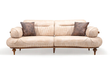 Front view of a contemporary beige upholstered sofa with dark pillows and elegant wooden legs, isolated on a clean white background.