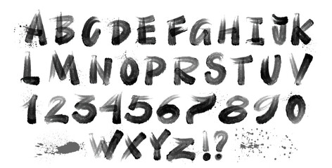 Bold strokes with splashes black alphabet with lowercase, uppercase letters. Brush drawn grunge typography for design, posters. Capital letters in rustic style with thick strokes. Grunge graffiti font