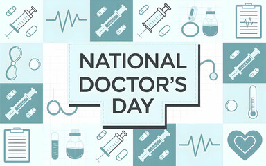 National Doctors Day Text with Medical Icons in Light Blue Teal Flat Vector Layout