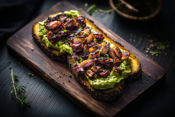 Creative breakfast features a crusty toast topped with creamy avocado, grilled chicken, and crispy bacon, paired with perfectly roasted potato wedges for a satisfying morning meal