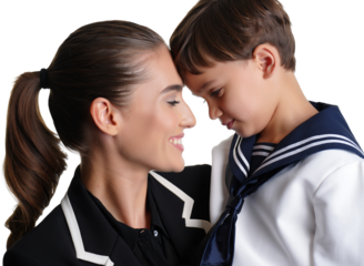 Mother and son share a tender moment, foreheads touching, against a white background. Closeness and love captured in a studio portrait.