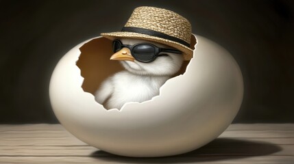 Cute chick in egg with hat and sunglasses
