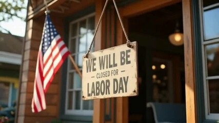 Rustic sign and American flag announce business closure for Labor Day holiday - Powered by Adobe