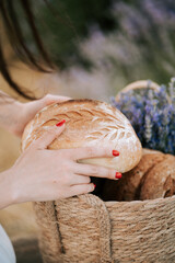 Hands gently lifting freshly baked bread from a rustic basket surrounded by lavender