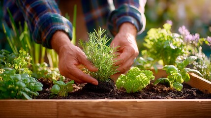 man plants a plant in a garden box. Banner for gardeners, farmers