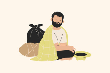 Illustration of Homeless Man with Donation Hat