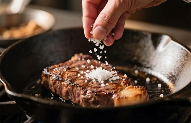 Chef sprinkling sea salt over seared meat in cast iron pan, cinematic food photography for high-end cooking and kitchen atmosphere