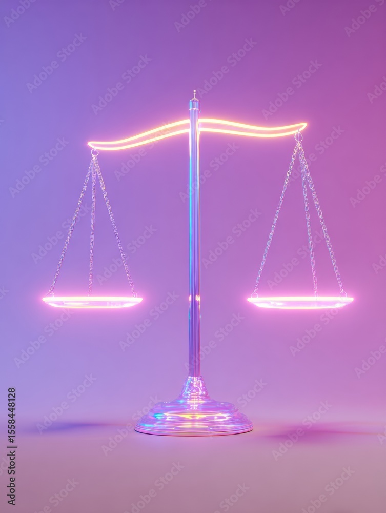 Poster Glowing Minimal Justice Scale Over a Soft Purple Background Symbolizing Balance and Fairness in a Modern Setting