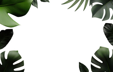 Large leaves of monstera plant create lush, tropical atmosphere, framing image beautifully. vibrant green foliage adds refreshing touch, perfect for nature lovers