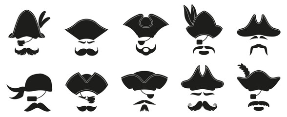 Pirate cocked mask icons with hat and beard. Set of black pirate cocked hat and beard