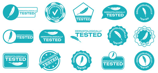 Dermatological tested stamp collection with feather icons. Set of anti allergen stamps