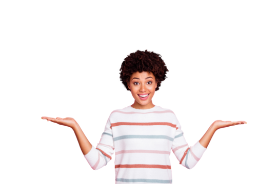 Photo of wavy charming nice attractive promoting woman darkish skinned showing you two option held with hands smiling toothily expressing surprise isolated over pastel color background - Powered by Adobe
