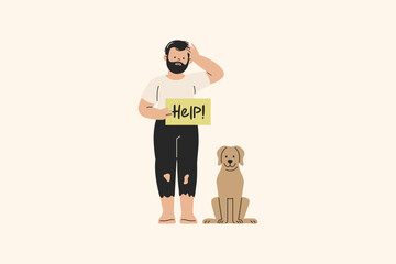 Tramp Poor Homeless Man Dog Illustration