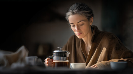 Middle-aged woman brewing coffee in dining room with French press