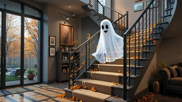 White cartoon ghost floating on staircase inside modern house with warm lights and framed pictures, halloween decoration atmosphere