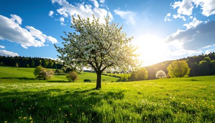 Springtime meadow with blossoming tree