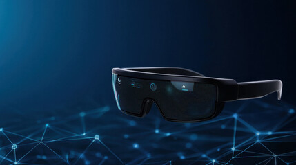 Futuristic smart glasses with a sleek black frame, featuring digital interface elements and a blue tech network background.