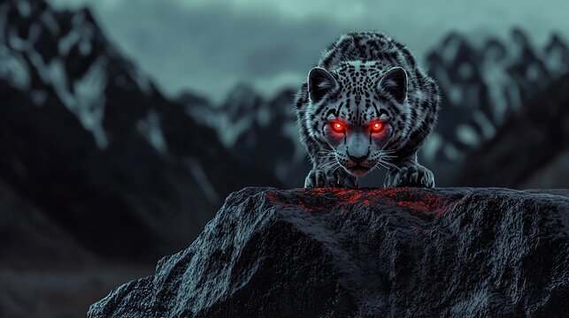 Majestic snow leopard prowling on a rocky outcrop in a dramatic mountain landscape at dusk - Powered by Adobe