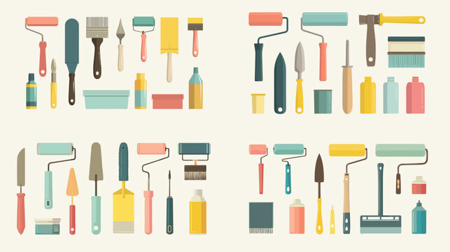 Colorful flat vector set of construction tools including rollers, scrapers, brushes, and bottles. Ideal for renovation, handyman, or DIY themes.

