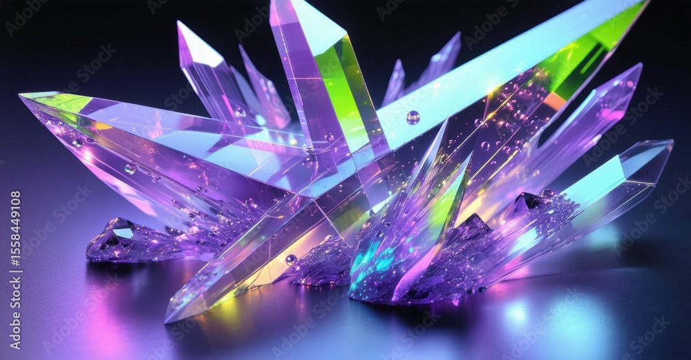 Poster vibrant crystals display rainbow hues. light reflects, creating luminous, sharp formations. dramatic
