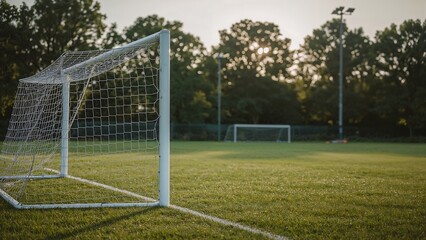 Football goal on open green field with trees,