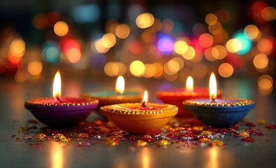 Colorful Diya lamps with bokeh lights background. High quality