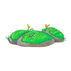 The stones are covered with moss, grass and yellow flowers. Watercolor illustration in cartoon style. Part of the landscape. Ideal for creating fairy tale scenes, landscaping, outdoor games.