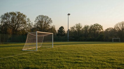 Football goal on open green field with trees,Natural morning light,