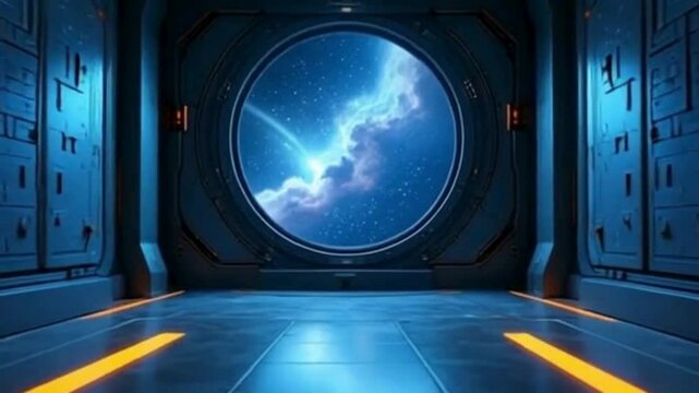 Futuristic spaceship corridor tracking shot toward bulkhead door and starry nebula