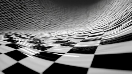  black and white checkered pattern on perspective grid background with distorted shapes and waves for design projects,