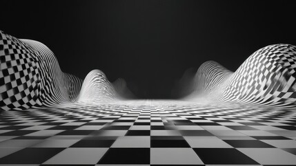  black and white checkered pattern on perspective grid background with distorted shapes and waves for design projects,