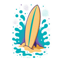 Surfboard stuck in the sand with stylized turquoise water splashes and purple halftone background. Summer beach concept in vibrant pop-art style. Isolated vector on white.