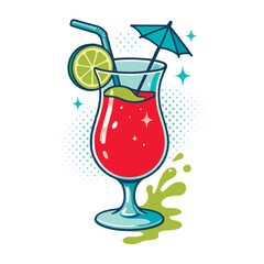 Refreshing summer cocktail in a glass with a lime slice, straw, and umbrella. Sparkles and splash accents. Pop art style. Isolated on white. Vector illustration.