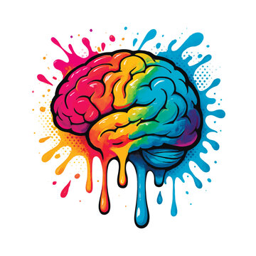 Colorful graffiti style brain with vibrant drips and splashes on a white background. Symbol of creativity, thinking and imagination in vivid rainbow tones. Vector.