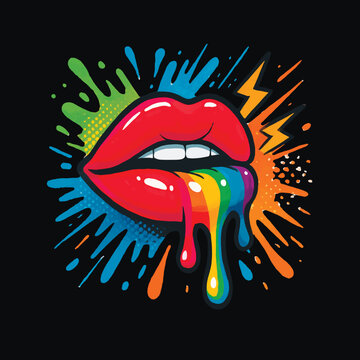 Glossy red lips with dripping rainbow paint and splash background. Bold pop art style on black backdrop, full of energy and color. Modern streetwear vibe. Vector illustration.