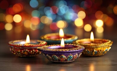Colorful Diya lamps with bokeh lights background. High quality