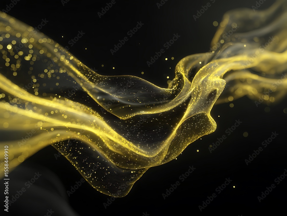 Fototapete a golden shimmering wave with particles flowing against a dark black colored background space design