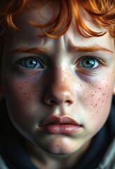 Close-up portrait of a sad white boy with red hair and blue eyes crying, tears rolling down his freckled cheeks, emotional expression in dramatic lighting, childhood sadnessissues