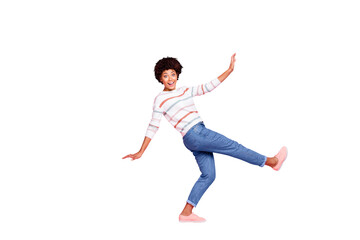 Full body profile photo of pretty dark skin lady at dancing class learning new modern moves wear...