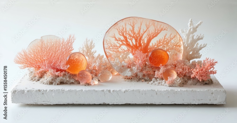Poster coral display. delicate structures, orange hues, translucent spheres rest upon textured base. minima