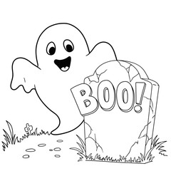 A cheerful ghost playfully waves behind a tombstone that reads “BOO!”, set in a grassy patch with pebbles and a flower.