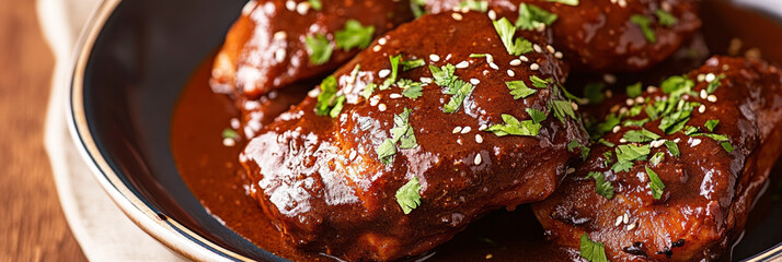 Juicy chicken pieces are generously covered in a dark, flavorful sauce, highlighting traditional Mexican cuisine. The dish is elegantly plated, inviting a taste of authentic flavors, banner