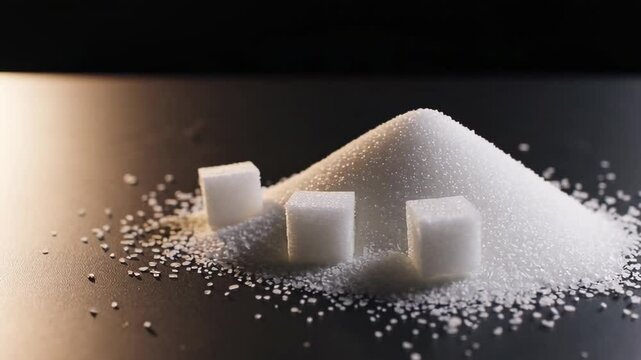 Granulated sugar forms a small mound on a dark surface, accompanied by three sugar cubes, creating a stark contrast between textures and shapes