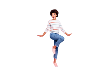 Full length body size photo of ecstatic wavy trendy cheerful pretty girl wearing jeans denim dancing in white striped sweater footwear with excited facial expression isolared pastel color background